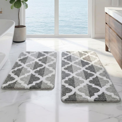 Arttown Dark and Light Grey Trellis Bathroom Rug Set 2 Piece Fluffy Microfiber Non-Slip Water Absorbent Bath Mat Soft Washable for Tub Showers Laundry Room Decor (16"x24"+20"x32")