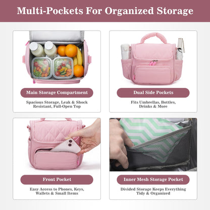 HASHMUST Lunch Bag for Women Adults, Portable Insulated Puffer Lunch Tote Bag, Reusable Leakproof Lunch Box Cooler with Handles For Work Picnic Travel Trip - Pink