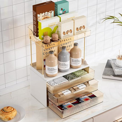 Delamu Bathroom Organizers and Storage, 2 Tier 3 Drawer Makeup Organizer Countertop, Easy to Install, Ideal for Bathroom Counter, Vanity, Ideal Gifts for Women Girls, Amber