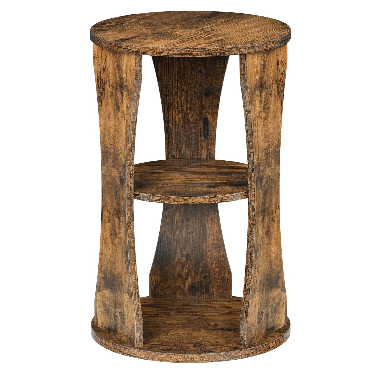 YATINEY Round Side Table, 3-Tier Wooden End Table with Storage Shelves, Drink Table for Small Spaces, Martini Table for Living Room, Bedroom, Rustic Brown ET15WL