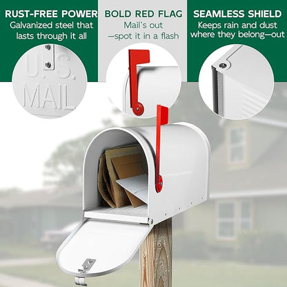 BlissBoard White Mailboxes for Outside Post Mount, Galvanized Steel Metal Mailbox, Standard Size, 20 x 8.7 x 6.7 Inches