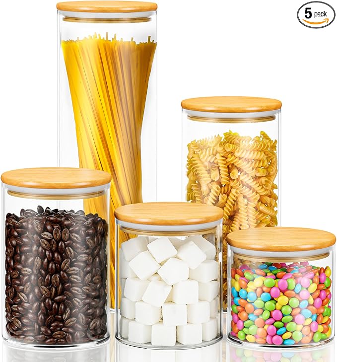 Airtight Glass Food Storage Containers with Lids,5-Pack Pantry Storage Canisters Set,19/26/33/45/68 Ounces Kitchen Jars for Flour,Sugar,Salt,Coffee Beans,Cereal,Spice,Creamer & Overnight Oats