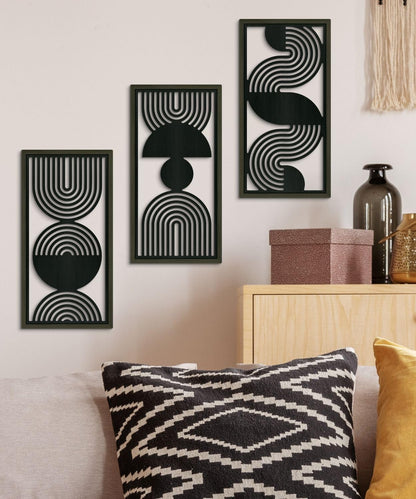 Putuo Decor Modern Minimalist Wall Art Set of 3, Black and Gray MDF Cut-Out Geometric Line Panels, Abstract Vertical Art for Living Room Bedroom Office Wall Decor
