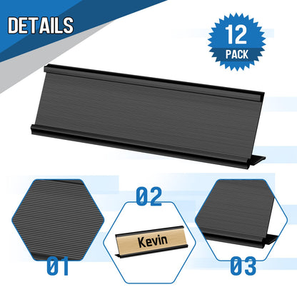 LEIFIDE 12 Pack Aluminum Name Plate Holder for Desk 2 x 8 Inch Blank Name Plates Office Business Desk Holder Desktop Table Display for Back to School Business Office Meeting Teacher Classroom(Black)