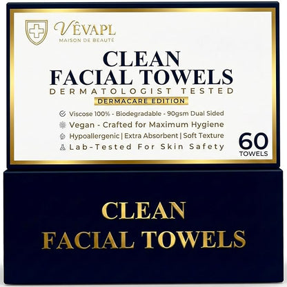 VÊVAPL® - VEVAPL Clean Facial Towels XL – 60 Towels | 100% Viscose, Disposable