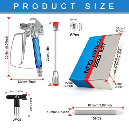 3600 PSI High Airless Paint Sprayer Gun with Nozzle Guard and 5 Spray Nozzle Tips (211, 313, 415, 517, 623) & 5 Airless Paint Sprayer Gun Filters & 8Inch(20CM) Spray Painted Extension Pole