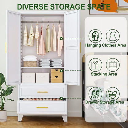 winiowa Metal Armoire Wardrobe Closet with 2 Drawers, 71" Wardrobe Cabinet with Adjustable Shelves and Hanging Rod, Clothing Storage Cabinet Closet for Bedroom-White