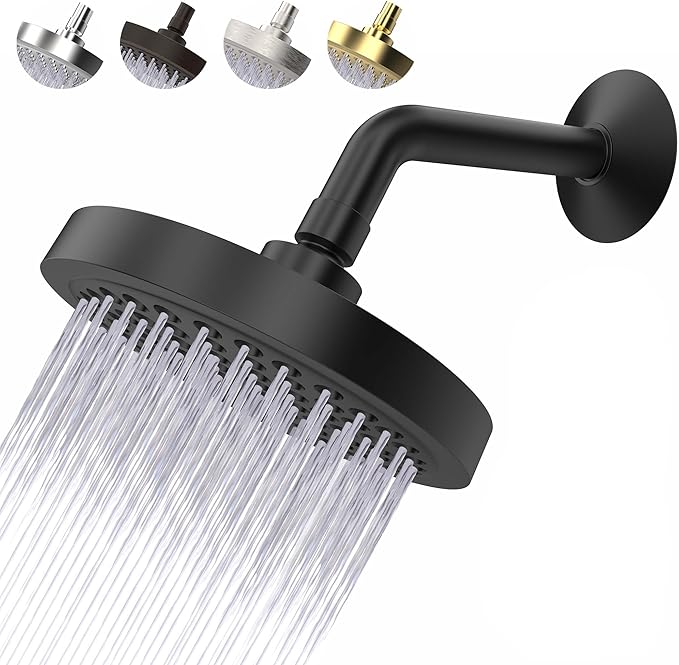 High Pressure Shower Head - Anti-Clogging Silicone Nozzles 2.5 GPM Removable Restrictor - Easy to Clean and Install - Includes Plumbers Tape - 6 inch - (Matte Black 2.5GPM)