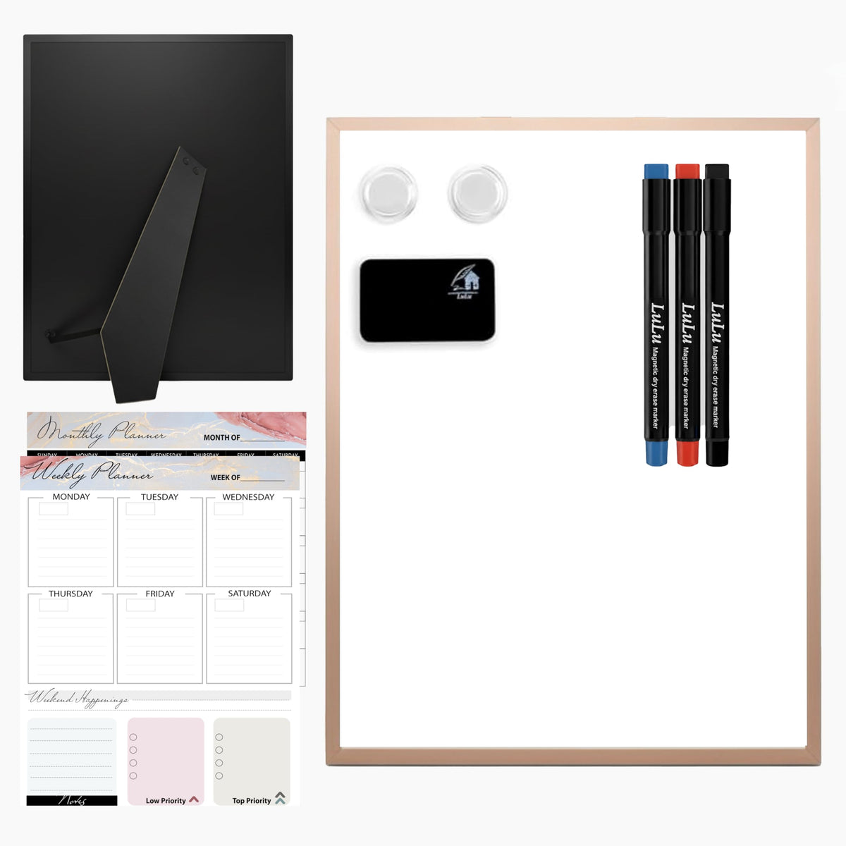 Lulu Office Magnetic Dry Erase Board 12x16 with Foldable Stand, Portable Rose Gold Desktop Whiteboard for Home, Office, School & Kitchen, Includes Weekly & Monthly Magnetic Planner Sheets