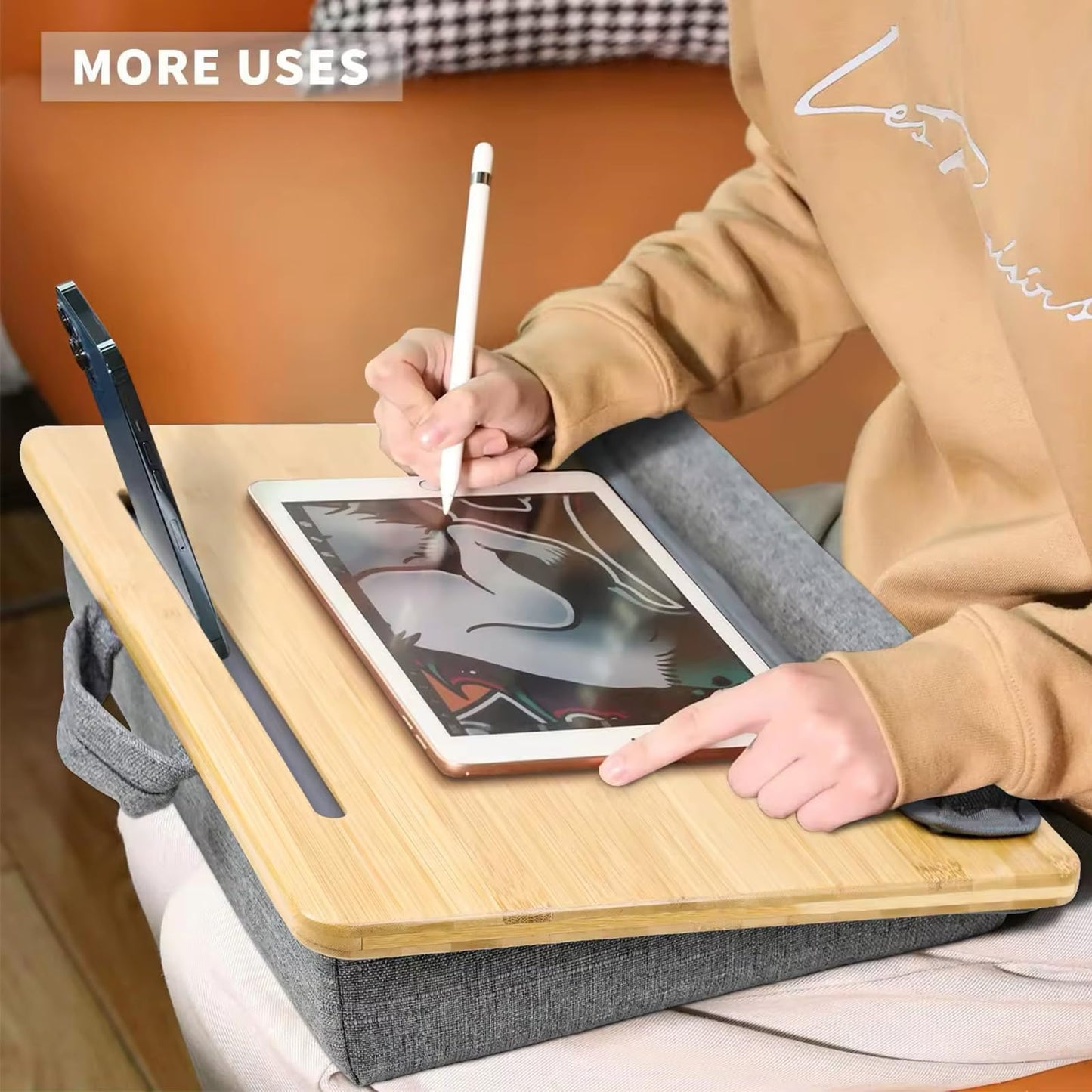 SANJIMO Lap Desk for Laptop with Cushion, Bamboo Laptop Stand with Anti-Slip Strip Tablet Phone Holder, Fits up to 15.6 inch Portable Computer Lap Desk for Couch, Bed & Car