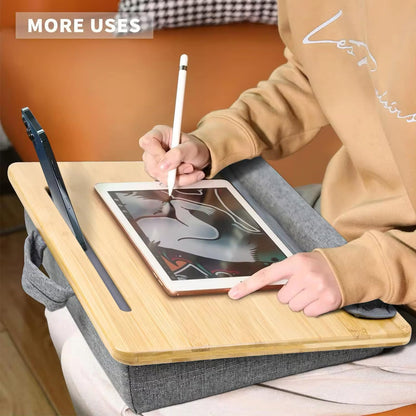 SANJIMO Lap Desk for Laptop with Cushion, Bamboo Laptop Stand with Anti-Slip Strip Tablet Phone Holder, Fits up to 15.6 inch Portable Computer Lap Desk for Couch, Bed & Car