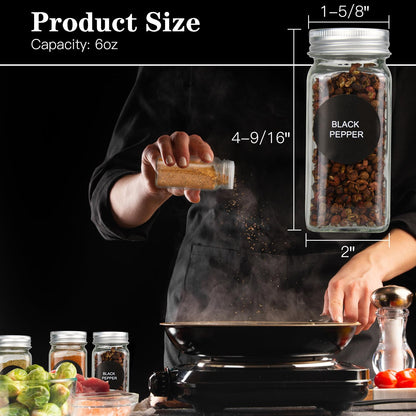 DkOvn 12pcs Glass Spice Jars, 4oz Empty Spice Jars with Metal Caps, Labels, Shaker Lids, Collapsible Funnel, Chalk Pen, Seasoning Organizer for Spice Rack
