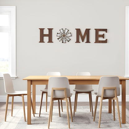Mkono Farmhouse Wall Decor Wooden Home Sign with Metal Windmill for O Rustic Hanging Letters Decorative Art Signs Living Room Kitchen Bedroom Entryway House, Brown