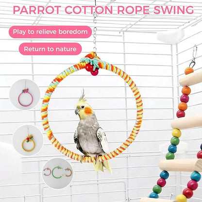 Colorful Circular Bird Swing,Bird Rope Chewing Toys Parrot Cage Bite Toys (Large Round Pink)