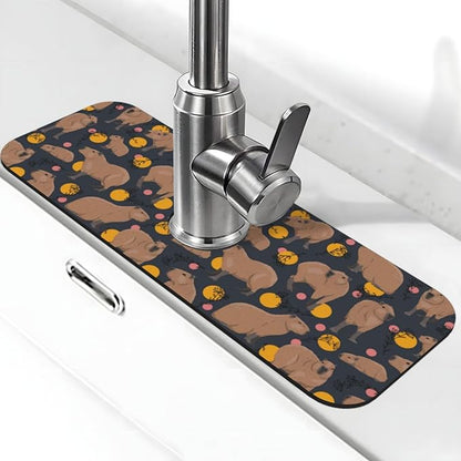 Capybara Doodle Botanical Circle Wildlife Kitchen Sink Splash Guard Faucet Mat