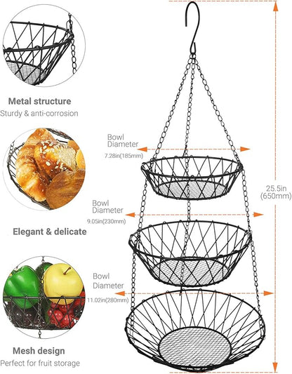 3 Tier Hanging Basket with Sturdy Metal Chain Hanging Hooks Fruit and Vegetable
