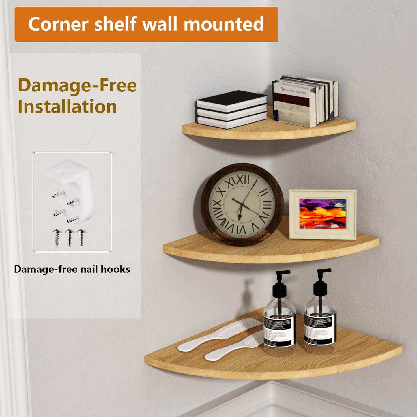 CYWDTYRDXZ Corner Mounting Shelf, Easy to Install Wall Corner Shelf, Wall Shelves with Wood Grain Finish, Durable and Waterproof Wooden Material for Kitchen, Bathroom, Living Room Home Décor (Brown)