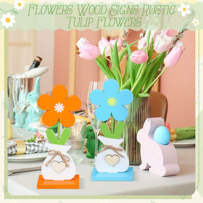 Yerliker 5 Pcs Spring Decorations Flower Butterfly Tiered Tray Wood Table Signs Rustic Table Centerpieces Spring Shelf Sitter Decor Farmhouse for Home Housewarming DIY Craft(Flower)
