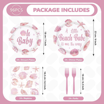 Greencian 96Pcs Under The Sea Party Supplies A Little Beach Babe Is On The Way Plates and Napkins Starfish Seashell Tableware Set for Girls Kids Under the Sea Baby Shower Party Decorations Serves 24