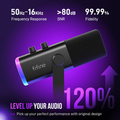 FIFINE XLR/USB Gaming Microphone Set, Dynamic PC Mic for Streaming Podcasting, Computer RGB Mic Kit with Boom Arm Stand, Mute Button, Headphones Jack, for Recording Vocal Voice-Over-AmpliGame AM8T