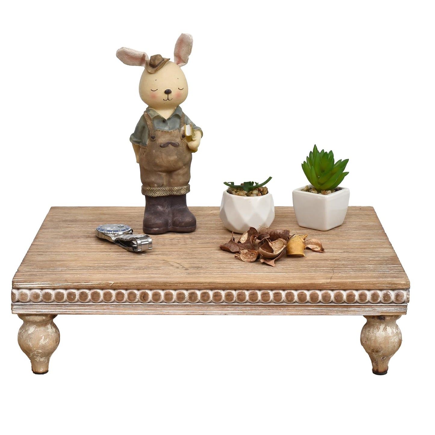 SwallowLiving Farmhouse Wood Riser for Display Decorative, Rustic Shabby Chic Tray for Kitchen Counter, Coffee Bar Table, Dining Room, Wooden Rectangle Beaded Pedestal Stand for Food, Natural