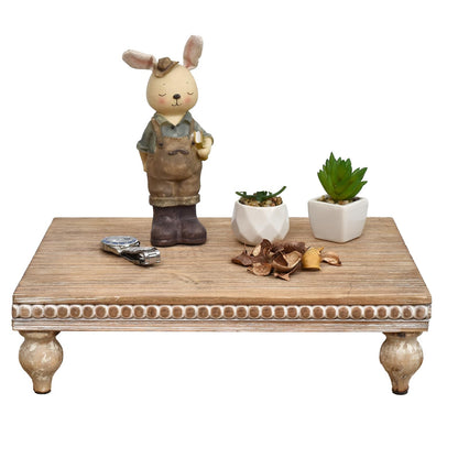 SwallowLiving Farmhouse Wood Riser for Display Decorative, Rustic Shabby Chic Tray for Kitchen Counter, Coffee Bar Table, Dining Room, Wooden Rectangle Beaded Pedestal Stand for Food, Natural