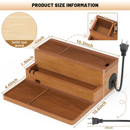 Valet Tray, Nightstand Organizer with Charging Station, Assembly-Free 3 Layer Wood Valet Tray for Men, Phone Docking Station with USB Ports for Watch, Jewelry & Accessories, Nice Gift (Stylish Brown)