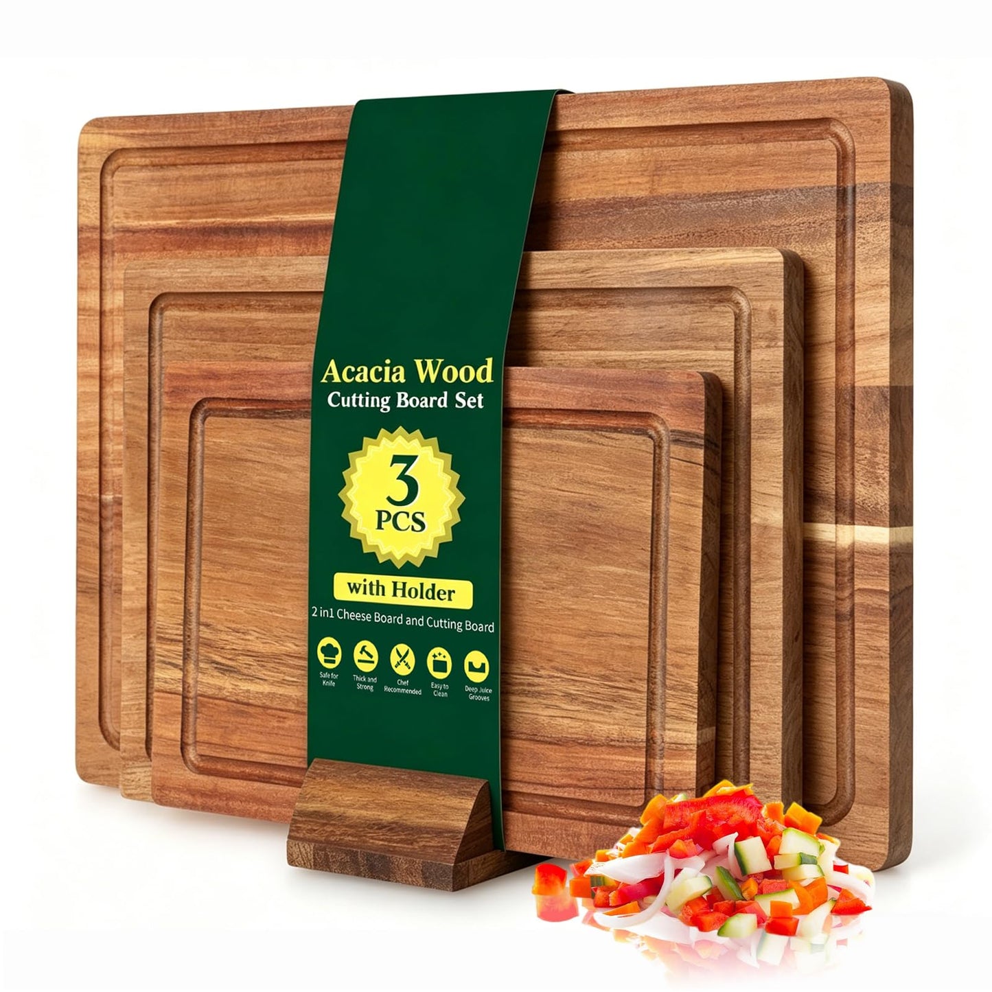3 PCS Acacia Wood Cutting Boards for Kitchen With Wooden Storage Stand