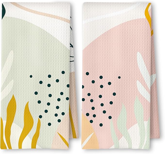 Abstract Boho Floral Kitchen Towels Set of 2, Mid Century Modern Hand Towels
