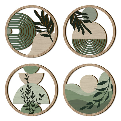 TOARTi 4 Pieces Green Botanical Wooden Wall Art Bohemian Hanging Art Farmhouse Geometric Wooden Wall Decor Aesthetic Tropical Plant Artwork Boho Minimalist Wall Decor for Bedroom Living Room