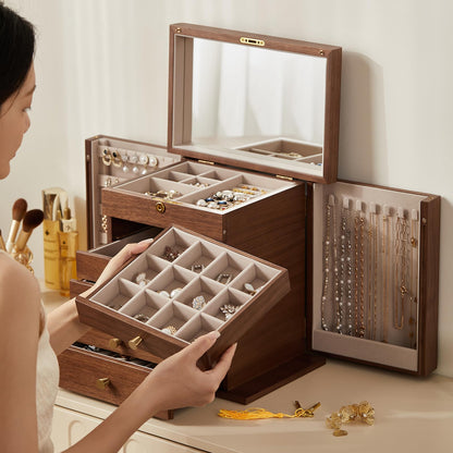 Homruilink Black Walnut Wooden Jewelry Box, Wood Jewelry Organizer with 2 Side Doors Mirror Lockable Classical Style for Watch Necklace Ring Earring Storage, Fathers Day Gift-6 Layer