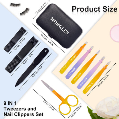 MORGLES Tweezers Set and Nail Clippers, 9 Pcs Stainless Steel Tweezers Kit for Men Professional Manicure Set for Men Grooming Kit with Leather Travel Case
