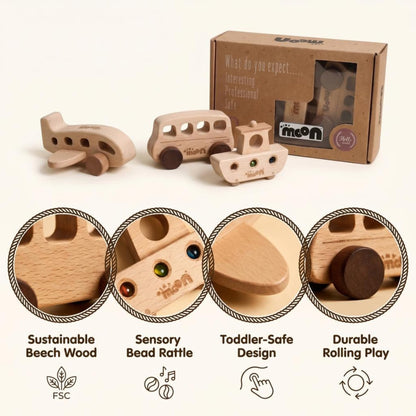 MINYMOON Wooden Toys for 1 Year Old – Montessori Baby Toy Set with Bus, Airplane & Boat – Minimalist Nursery Decor & Teething Safe Infant Toys for Boys and Girls – 3 Piece Ergo-Fit Toddler Car Set