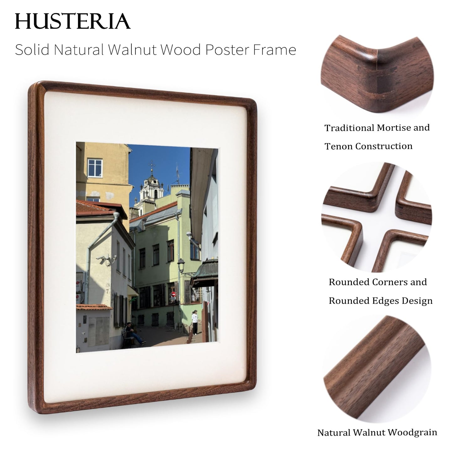Husteria 11x14 Frame, Solid Walnut Wood Poster Frame with Mat for 8x10 or 11x14 without Mat, Rounded Corner Walnut Wooden Frame, Gallery Wall Frames for Art, Horizontal or Vertical Wall Mounting
