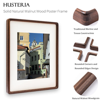 Husteria 11x14 Frame, Solid Walnut Wood Poster Frame with Mat for 8x10 or 11x14 without Mat, Rounded Corner Walnut Wooden Frame, Gallery Wall Frames for Art, Horizontal or Vertical Wall Mounting