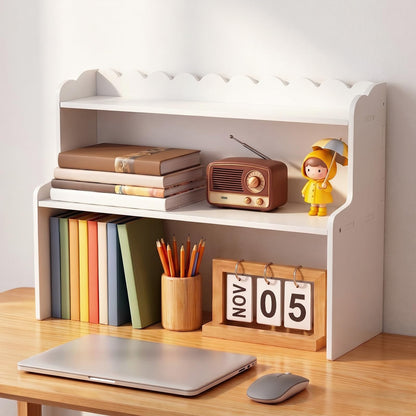 Amyhill Wooden Office Desktop Storage, 2-Tier Scalloped Tabletop Organizer Shelf for Cosmetics, Stationery, Office Supplies, Space-Saving Display Rack for Bedroom, Dorm