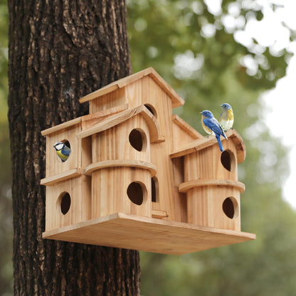 Bird Houses for Outside, Wooden 10 Hole Bird House for Multiple Birds, Hanging Birdhouse Nesting Box for Wren Finch Chickadee, Decorative Garden Bird Hotel