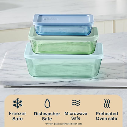 Pyrex Colors Tinted Glass Rectangle Food Storage Container Set, Snug Fit