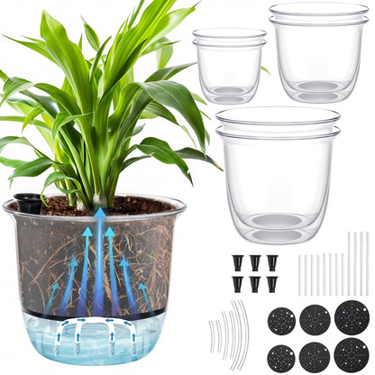Ferrochef 6 Pcs Clear Self Watering Pots for Indoor Outdoor Plants Flowers, 2 Each of 4, 5 and 6 Inch Self Watering Planters with Reservoir, Drainage Hole and Absorbent Cotton Rope