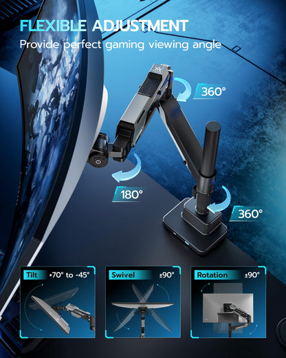 ARES WING CoreArm Single Monitor Mount with USB, Ultrawide Monitor Arm for 24 to 57'' Heavy Duty Curved Screen, Adjustable Gas Spring Monitors Arm Stand up to 66LBS with 75/100/200 Vesa Mount, Black
