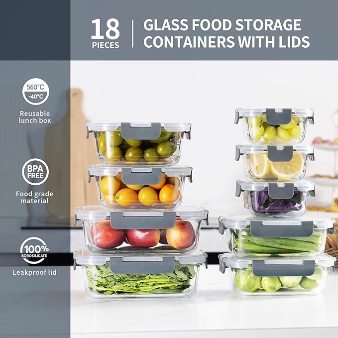 18 Pieces Glass Food Storage Containers