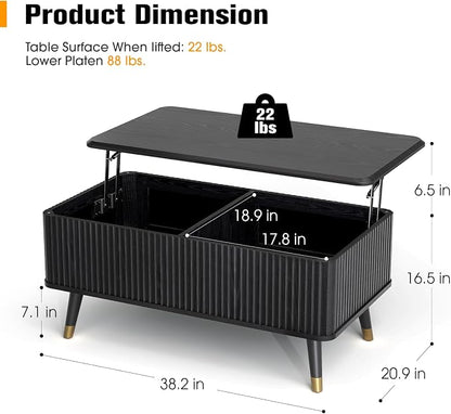 Lift Top Coffee Table with Storage, Modern Coffee Table with Solid Wood Legs, 38" Minimalist Fluted Center Table for Living Room, Home Office, Black