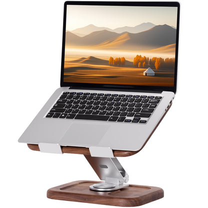 TlaroRiz Walnut-Wooden Laptop Stand for Desk, Adjustable Height & Angle with 360° Aluminum Alloy Swivel Base, Wood Laptop Stand Compatible with MacBook Pro, All Laptops 10-17", Brown