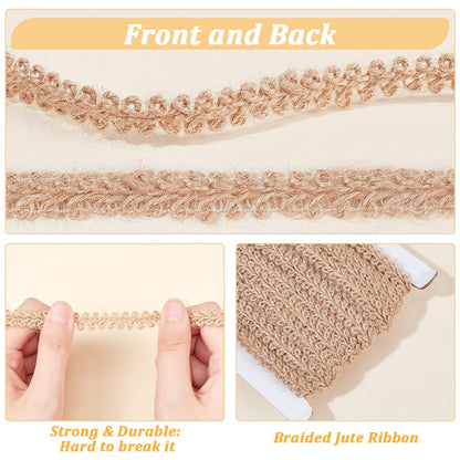 PH PandaHall 22 Yard Braided Burlap Ribbon Burlywood Lace Craft Ribbon 11mm(3/8 Inch) Rustic Woven Braid Trim Jute Ribbons for Bohemian DIY Crafts Costume Slipcover Curtain Clothing Sofa Home Decor
