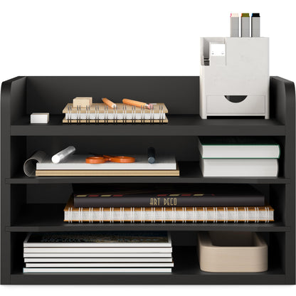 Ballucci File Organizer, 4-Tier Office Desk Organizer, Open Top Wood Paper Organizer for Classroom, Mail Sorter Paper Tray with Adjustable Storage Shelves, Black