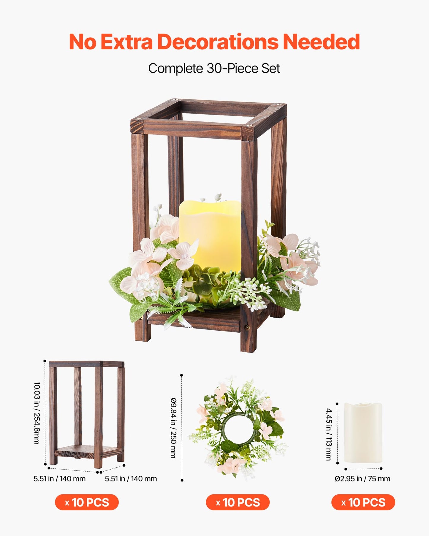 VEVOR 10 Set/30 Pcs Wooden Wedding Lantern Centerpiece, Includes 10 Wooden Lantern Candle Holder 10 Flameless LED Candle 10 Champagne Flower Wreath for Wedding Table Party Farmhouse Decor, Brown