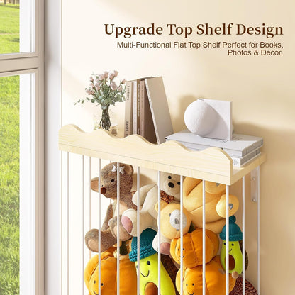 Sunifier Adjustable Stuffed Animal Storage with Shelf (Patented) - Large Wooden Hanging Plush Toy Organizer - Corner Stuffy Animals Hammock Net Holder for Kids Room, Nursery, Bedroom