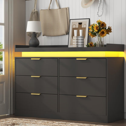 UNIQUITE 6 Drawer Dresser for Bedroom, Black Dresser with LED Lights and Power Outlet, Wooden Dressers Chests of Drawers, Double Wide Dressers for Bedroom, Entryway, Hallway