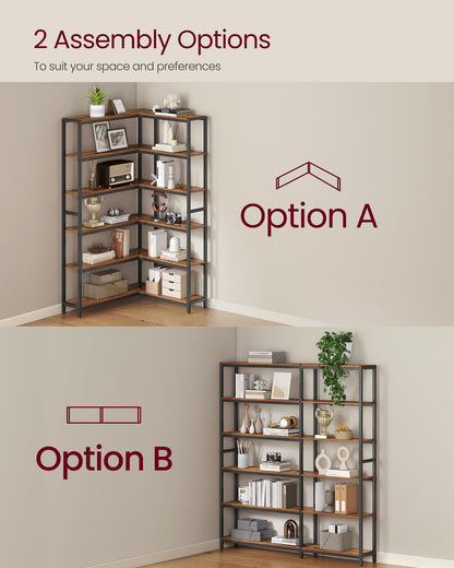 VASAGLE 6 Tier Bookshelf with Metal Frame, Convertible Industrial Corner Shelf, 9.4 x 52.8 x 69 Inches, for Living Room, Bedroom, Home Office, Rustic Brown and Ink Black ULLS806K01