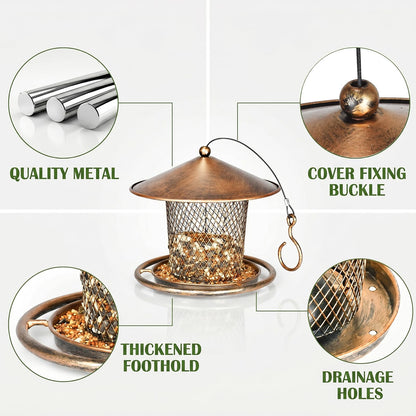Bird Feeder, Weatherproof Wild Bird Feeders for Outdoors, Birds Feeding Station Metal Round Roof Birdfeeder for Garden Yard Outside Hanging Decor